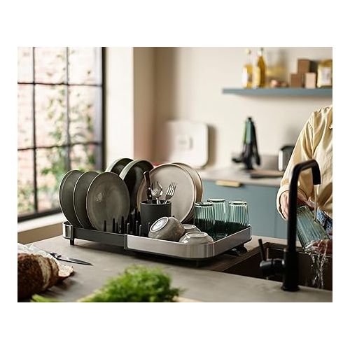 조셉조셉 Joseph Joseph Expanding Dish Drying Rack with Removable Silverware Holder, Draining Spout, Stainless-steel