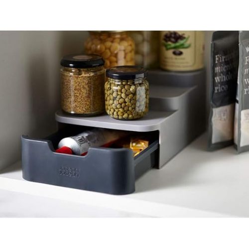 조셉조셉 Joseph Joseph CupboardStore Compact 3 Tier Shelf Organizer with Drawer for Cabinet, Gray