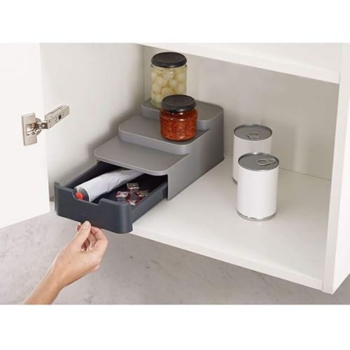 조셉조셉 Joseph Joseph CupboardStore Compact 3 Tier Shelf Organizer with Drawer for Cabinet, Gray