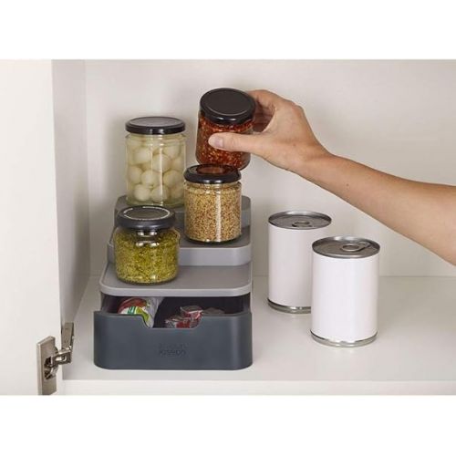 조셉조셉 Joseph Joseph CupboardStore Compact 3 Tier Shelf Organizer with Drawer for Cabinet, Gray