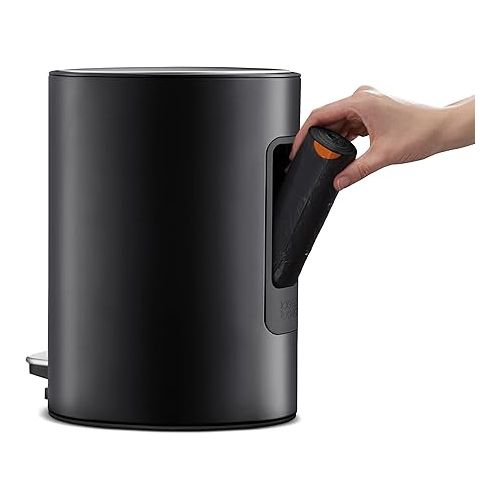 조셉조셉 Joseph Joseph EasyStore Stainless Steel 5 Liter Pedal Trash Can with Bin Liner Storage, Soft-Close Lid, Removable Inner Bucket, for Bathroom, Bedroom, Office, Matt Black