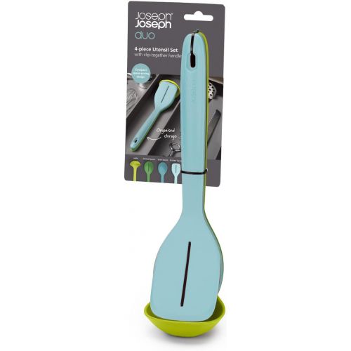 조셉조셉 Joseph Joseph Duo 4-Piece Utensil Set Heat-Resistant Set with Ladle, Solid & Slotted Spoons, and Turner; Handles Clip for Organized Storage, Opal