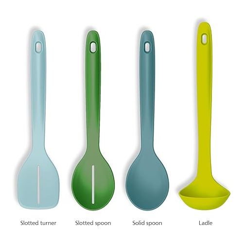 조셉조셉 Joseph Joseph Duo 4-Piece Utensil Set Heat-Resistant Set with Ladle, Solid & Slotted Spoons, and Turner; Handles Clip for Organized Storage, Opal