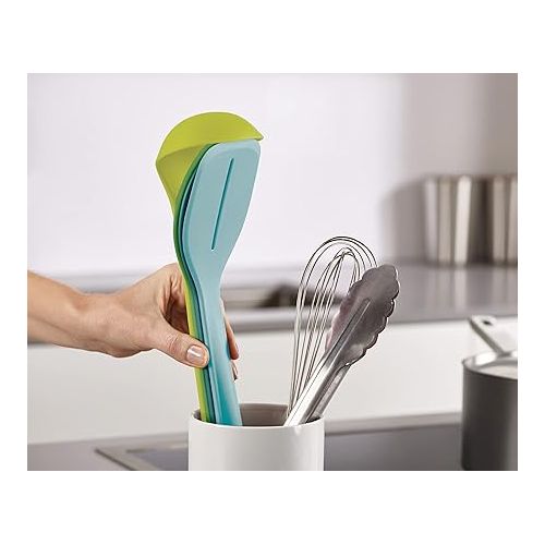 조셉조셉 Joseph Joseph Duo 4-Piece Utensil Set Heat-Resistant Set with Ladle, Solid & Slotted Spoons, and Turner; Handles Clip for Organized Storage, Opal