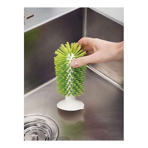 조셉조셉 Joseph Joseph Brush-Up Glass Brush with Suction Cup Upright Stays in Sink Bristle Scrub Kitchen Bottle Cleaning Washing, Green