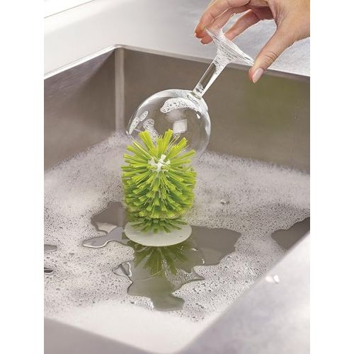 조셉조셉 Joseph Joseph Brush-Up Glass Brush with Suction Cup Upright Stays in Sink Bristle Scrub Kitchen Bottle Cleaning Washing, Green