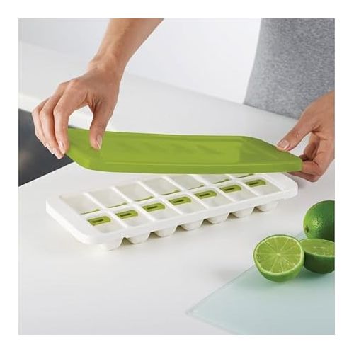 조셉조셉 Joseph Joseph QuickSnap Ice Cube Tray with Cover Lid Easy-Release No-Spill Stackable Odor-Free Dishwasher Safe, Green