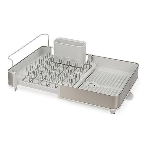 조셉조셉 Joseph Joseph Extend Steel Expandable Dish Drying Rack with Removable Cutlery Holder Swivel Draining Spout, Stainless Steel