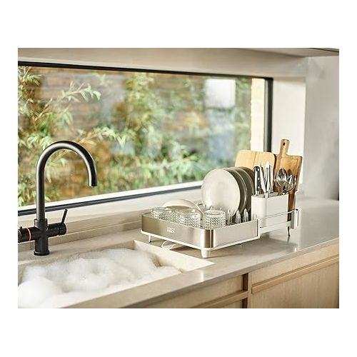 조셉조셉 Joseph Joseph Extend Steel Expandable Dish Drying Rack with Removable Cutlery Holder Swivel Draining Spout, Stainless Steel