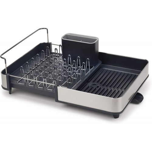 조셉조셉 Joseph Joseph Stainless-Steel Extendable Dual Part Dish Rack Non-Scratch and Movable Cutlery Drainer and Drainage Spout, One-size, Gray