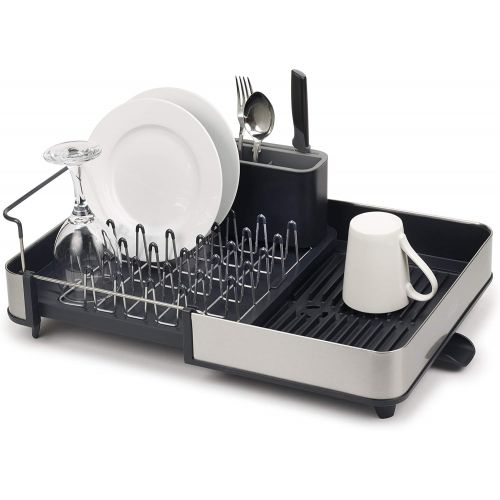 조셉조셉 Joseph Joseph Stainless-Steel Extendable Dual Part Dish Rack Non-Scratch and Movable Cutlery Drainer and Drainage Spout, One-size, Gray