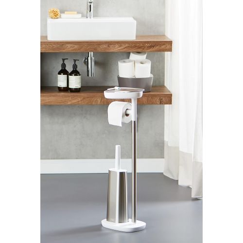 조셉조셉 Joseph Joseph 70519 EasyStore Butler Toilet Paper Holder Stand and Flex Toilet Brush with Shelf and Drawer, Stainless Steel