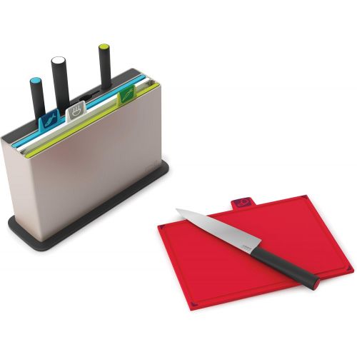 조셉조셉 Joseph Joseph 60096 Index Plastic Cutting Board Set with 4 Matching Knives and Storage Case Color-Coded Dishwasher-Safe Non-Slip, Small, Silver