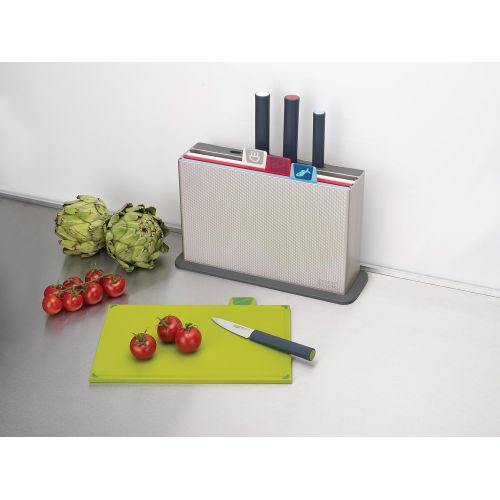 조셉조셉 Joseph Joseph 60096 Index Plastic Cutting Board Set with 4 Matching Knives and Storage Case Color-Coded Dishwasher-Safe Non-Slip, Small, Silver