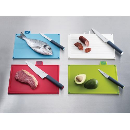 조셉조셉 Joseph Joseph 60096 Index Plastic Cutting Board Set with 4 Matching Knives and Storage Case Color-Coded Dishwasher-Safe Non-Slip, Small, Silver