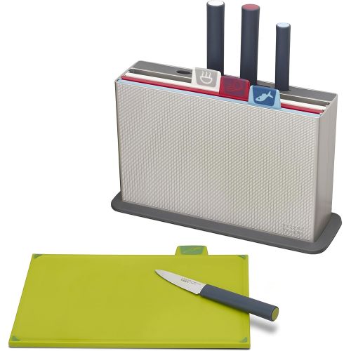 조셉조셉 Joseph Joseph 60096 Index Plastic Cutting Board Set with 4 Matching Knives and Storage Case Color-Coded Dishwasher-Safe Non-Slip, Small, Silver