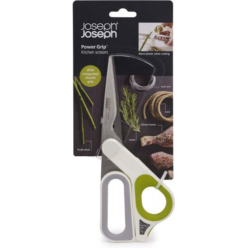 조셉조셉 Joseph Joseph 10302 PowerGrip Kitchen Shears Scissors with Thumb Grip and Herb Stripper Separates for Cleaning Japanese Stainless-Steel, One-size, White/Green