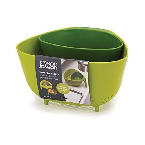 조셉조셉 Joseph Joseph 10535 Nest Colanders Stackable Set with Easy-Pour Corners and Vertical Handle, 2-piece, Green