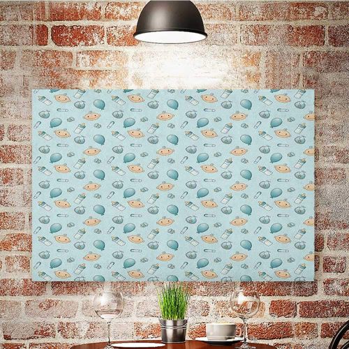  Josepsh Posters & Prints Painting Baby Infant Head with Balloons Pacifiers and Milk Bottles Newborn Inspired Baby Blue Turquoise Tan Wall Stickers W36 x H32
