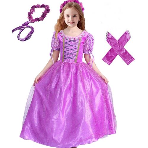  Jossica Princess Rapunzel Dress for Girls, Fancy Party Costume Birthday Party Cosplay Outfit Bonus Head Flower