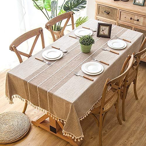  [아마존베스트]Joy Fabric Cotton Linen Tablecloths, Wrinkle Free Anti-Fading Table Cloth, Tassel Round Indoor & Outdoor Dining Table Cover (Brown, 55 Inch Round)