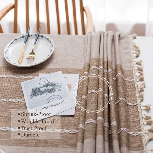  [아마존베스트]Joy Fabric Cotton Linen Tablecloths, Wrinkle Free Anti-Fading Table Cloth, Tassel Round Indoor & Outdoor Dining Table Cover (Brown, 55 Inch Round)