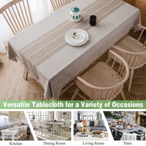  [아마존베스트]Joy Fabric Cotton Linen Tablecloths, Wrinkle Free Anti-Fading Table Cloth, Tassel Round Indoor & Outdoor Dining Table Cover (Brown, 55 Inch Round)