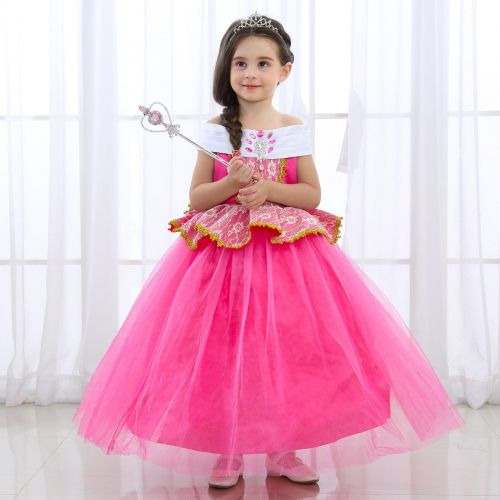  Joy Join Deluxe Princess Aurora Pink Dress For Birthday Party With Gloves Earrings Crown and Wand 3-10 Years