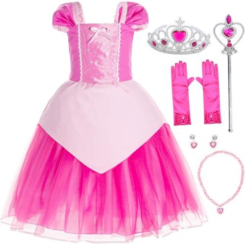  Joy Join Princess Costume Blue Dress for Toddler Girls Dress Up with Gloves,Crown,Wand,Necklace