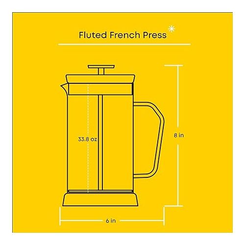  JoyJolt Fluted French Press Coffee and Tea Maker Set, 33.8oz Stainless Steel French Press, Borosilicate Glass Coffee Press, Cold Brew Portable French Press, Tea Press