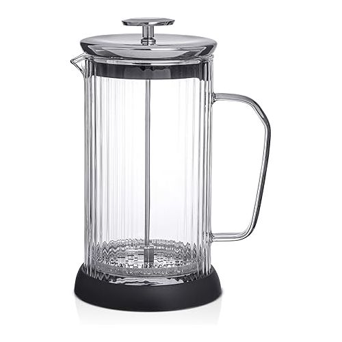  JoyJolt Fluted French Press Coffee and Tea Maker Set, 33.8oz Stainless Steel French Press, Borosilicate Glass Coffee Press, Cold Brew Portable French Press, Tea Press