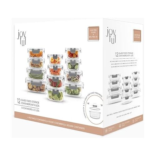  JoyJolt JoyFul 24pc Borosilicate Glass Storage Containers with Lids. 12 Airtight, Freezer Safe Food Storage Containers, Pantry Kitchen Storage Containers, Glass Meal Prep Container for Lunch