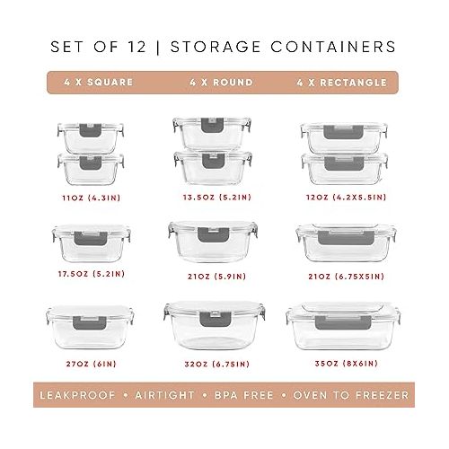  JoyJolt JoyFul 24pc Borosilicate Glass Storage Containers with Lids. 12 Airtight, Freezer Safe Food Storage Containers, Pantry Kitchen Storage Containers, Glass Meal Prep Container for Lunch