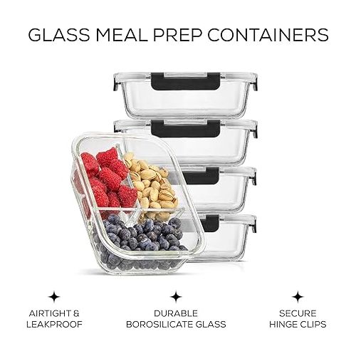  JoyJolt Divided 3 Compartment Glass Meal Prep Bento Box Set. 5 Pack Airtight Food Storage Containers with Lids for Portion Control and Weight Loss