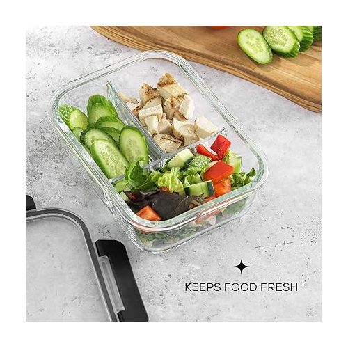  JoyJolt Divided 3 Compartment Glass Meal Prep Bento Box Set. 5 Pack Airtight Food Storage Containers with Lids for Portion Control and Weight Loss