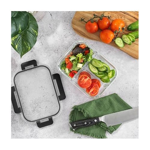  JoyJolt Divided 3 Compartment Glass Meal Prep Bento Box Set. 5 Pack Airtight Food Storage Containers with Lids for Portion Control and Weight Loss