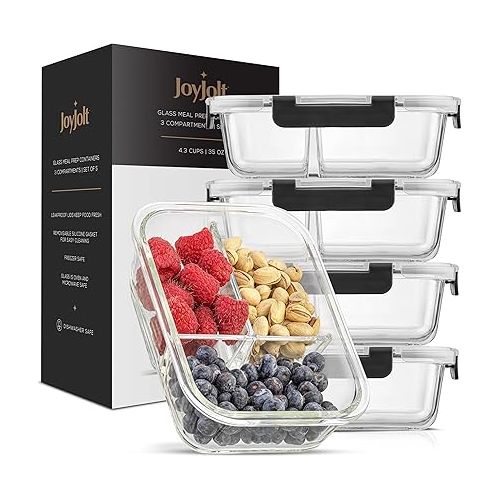  JoyJolt Divided 3 Compartment Glass Meal Prep Bento Box Set. 5 Pack Airtight Food Storage Containers with Lids for Portion Control and Weight Loss