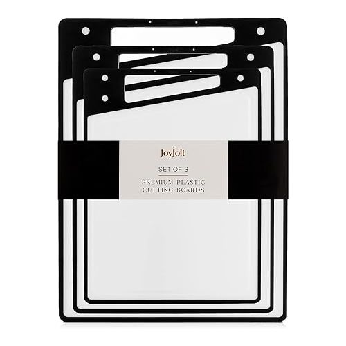  JoyJolt Plastic Cutting Board Set. White and Black Cutting Boards for Kitchen Dishwasher Safe with Handle. Non Slip Large and Small Chopping Board Set; Meat Cutting Board with Juice Groove.