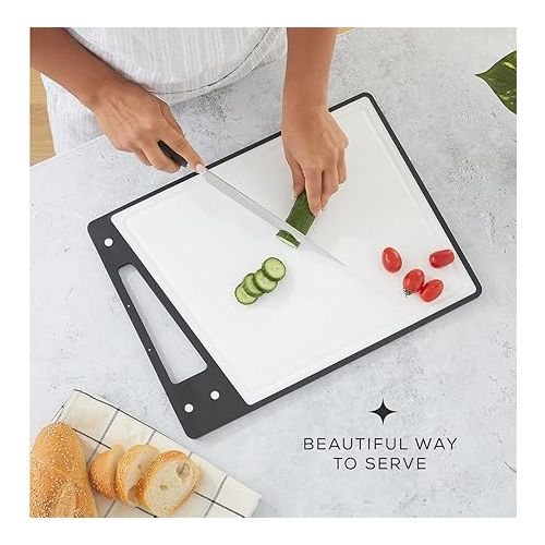  JoyJolt Plastic Cutting Board Set. White and Black Cutting Boards for Kitchen Dishwasher Safe with Handle. Non Slip Large and Small Chopping Board Set; Meat Cutting Board with Juice Groove.