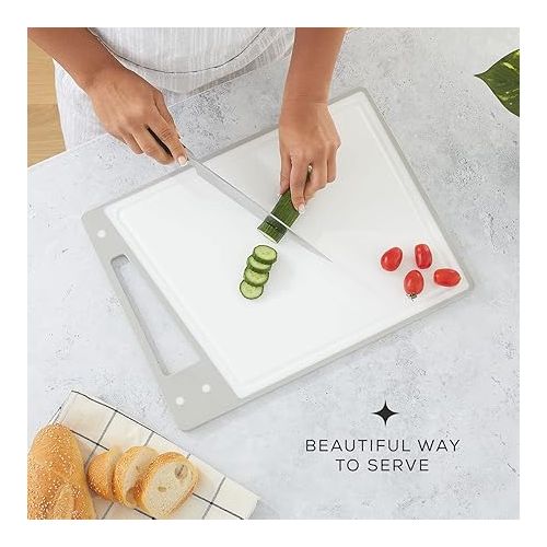  JoyJolt Plastic Cutting Board Set. White and Grey Cutting Boards for Kitchen Dishwasher Safe with Handle. Non Slip Large and Small Chopping Board Set; Meat Cutting Board with Juice Groove.