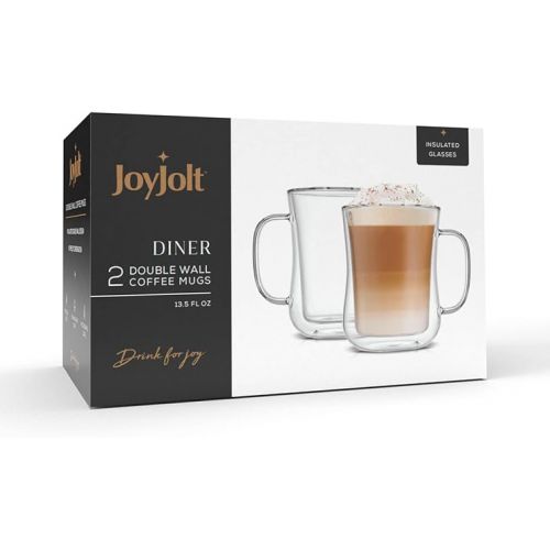  JoyJolt Double Wall Glass Coffee Mugs - 13.5oz Diner Coffee Mug Set of 2 Glass Coffee Cups. Insulated Coffee Mug, Cappuccino Cup, Latte Cup. Glasses That Don't Sweat, Clear Mugs for Hot Beverages.