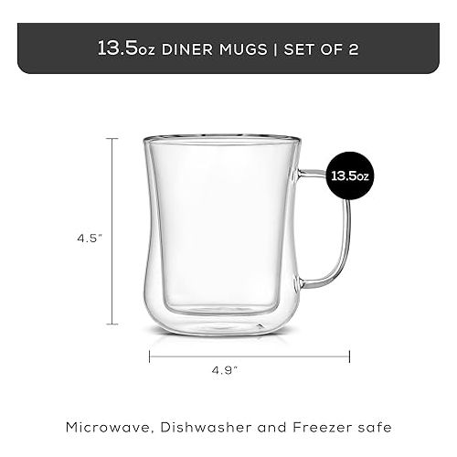  JoyJolt Double Wall Glass Coffee Mugs - 13.5oz Diner Coffee Mug Set of 2 Glass Coffee Cups. Insulated Coffee Mug, Cappuccino Cup, Latte Cup. Glasses That Don't Sweat, Clear Mugs for Hot Beverages.