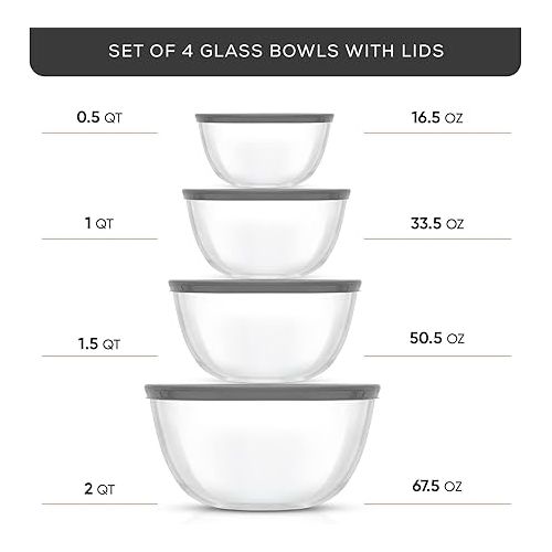  JoyJolt Kitchen Mixing Bowls - 8pc Glass Bowls with Lids Set - Neat Nesting Bowls - Large Mixing Bowl Set Batter Bowl - Cooking Bowls - Storage Bowls with Lids and Big Salad Bowl with BPA-Free Lids