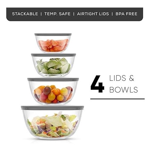  JoyJolt Kitchen Mixing Bowls - 8pc Glass Bowls with Lids Set - Neat Nesting Bowls - Large Mixing Bowl Set Batter Bowl - Cooking Bowls - Storage Bowls with Lids and Big Salad Bowl with BPA-Free Lids