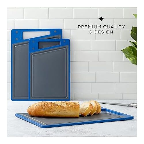  JoyJolt Plastic Cutting Board Set. Grey and Blue Cutting Boards for Kitchen Dishwasher Safe with Handle. Non Slip Large and Small Chopping Board Set; Meat Cutting Board with Juice Groove.