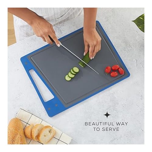  JoyJolt Plastic Cutting Board Set. Grey and Blue Cutting Boards for Kitchen Dishwasher Safe with Handle. Non Slip Large and Small Chopping Board Set; Meat Cutting Board with Juice Groove.