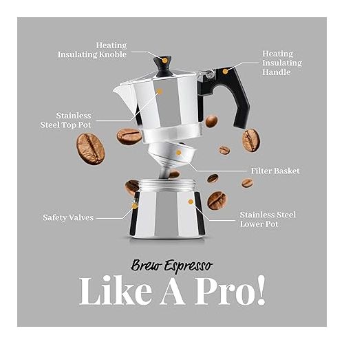  JoyJolt Italian Moka Pot 3 Cup Stovetop Espresso Maker. Aluminum Coffee Percolator Coffee Pot With Heat Resistant Handles! Portable Espresso Maker Camping Coffee Pot, Stove Top Cafetera