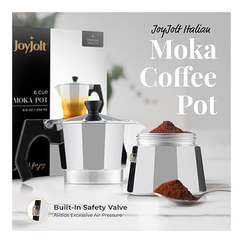  JoyJolt Italian Moka Pot 3 Cup Stovetop Espresso Maker. Aluminum Coffee Percolator Coffee Pot With Heat Resistant Handles! Portable Espresso Maker Camping Coffee Pot, Stove Top Cafetera