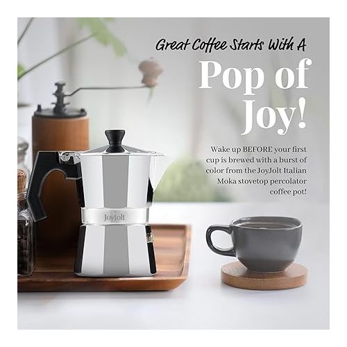  JoyJolt Italian Moka Pot 3 Cup Stovetop Espresso Maker. Aluminum Coffee Percolator Coffee Pot With Heat Resistant Handles! Portable Espresso Maker Camping Coffee Pot, Stove Top Cafetera