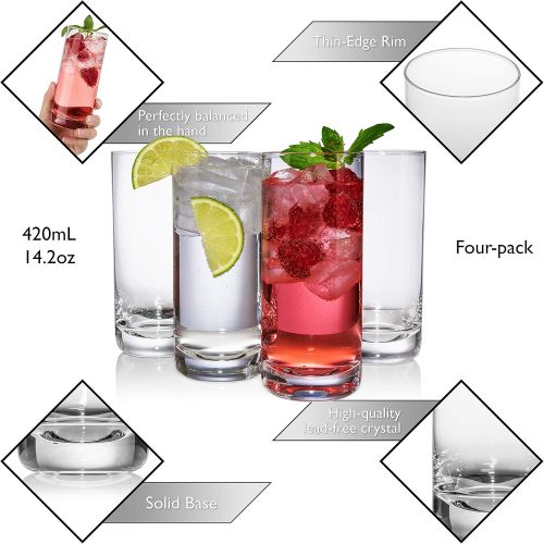  [아마존베스트]JoyJolt Stella Lead Free Crystal Highball Glasses Barware Collins Tumbler for Water, Juice, Beer, and Cocktail (Set of 4)-14.2-Ounces